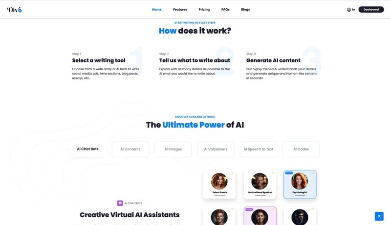 DivAi website — AI chat bots, contents, images, voiceovers