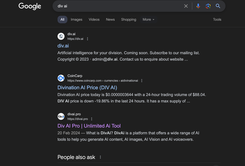 Google search results for "div ai" showing div.ai as the top result