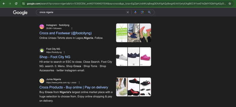 Google search results for "crocs nigeria" showing Footcity at the top