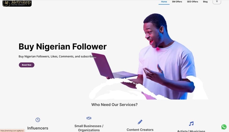 Metrohyp.com.ng website homepage — Buy Nigerian Follower services
