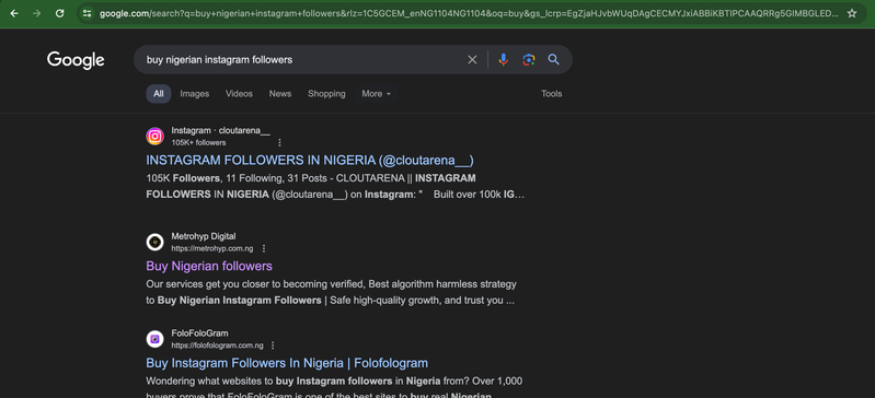 Google search results for "buy nigerian instagram followers" showing Metrohyp Digital at position two