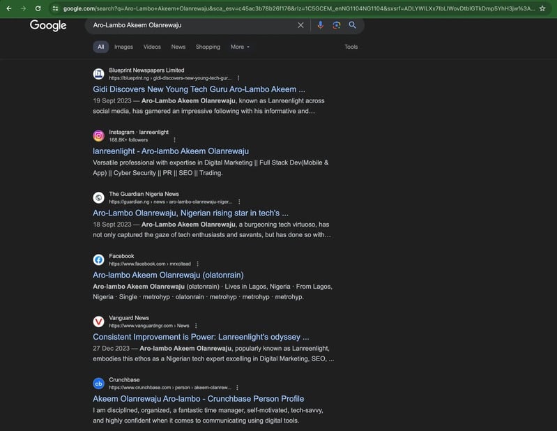 Google search results showing press coverage in Blueprint, The Guardian, and Vanguard